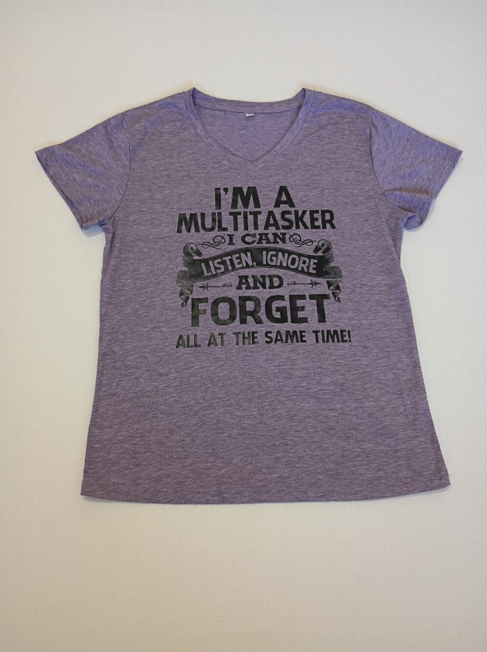 Heather Purple V-neck t-shirt Size M humorous "I'm a Multitasker" Quote